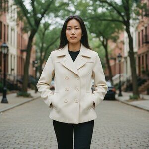 GUESS Jeans Cream Wool Blend Peacoat Womens Small Double Breasted Jacket Chic